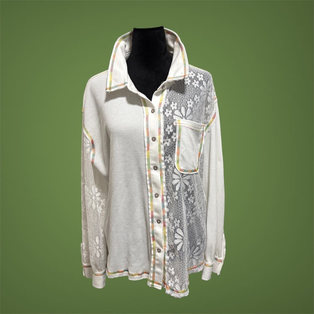 POL Waffle Knit Shirt Medium White Lace Rainbow Stitch YKT612 EUC
